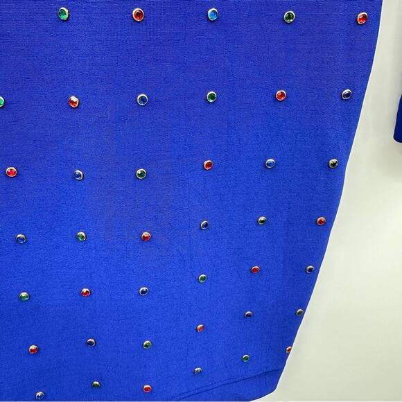 Vintage Tadashi 80s Blue Jeweled Bling Bodycon Sheath Knit Knee Length Dress - Picture 8 of 15